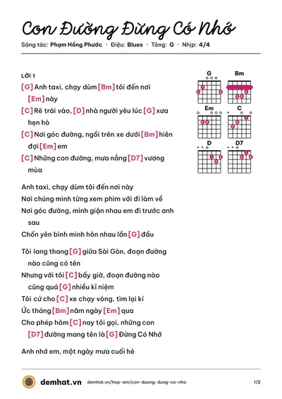 Hợp âm Con Đường Đừng Có Nhớ (Phạm Hồng Phước) – bản nhạc PDF trang 1, tông G