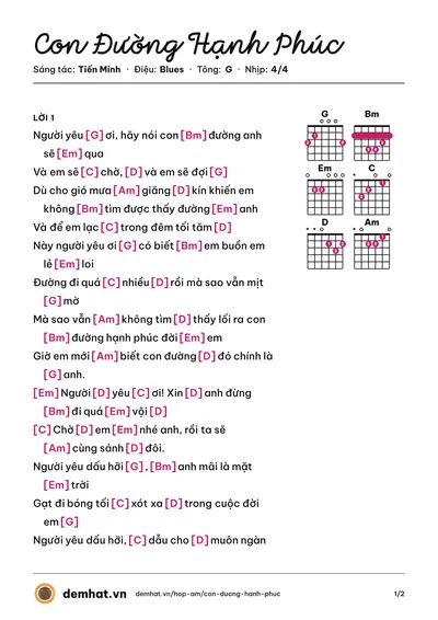 Hợp âm Con Đường Hạnh Phúc (Thùy Chi) – bản nhạc PDF trang 1, tông G