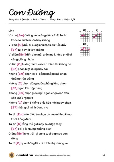 Hợp âm Con Đường (Lộn xộn) – bản nhạc PDF trang 1, tông Em