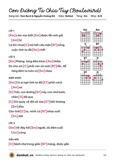 Hợp âm Con Đường Ta Chia Tay (Boulevard) (Thái Hòa) – bản nhạc PDF trang 1, tông Em