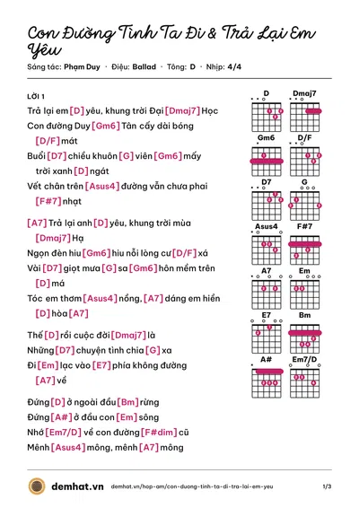 Hợp âm Con Đường Tình Ta Đi & Trả Lại Em Yêu (Duy Quang) – bản nhạc PDF trang 1, tông D