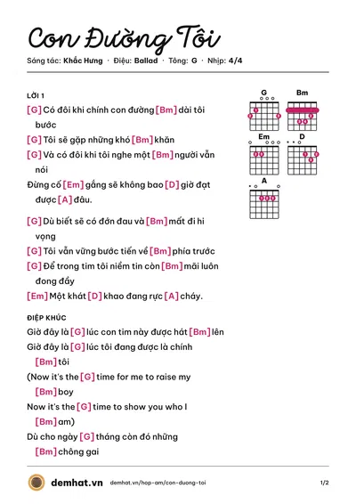 Hợp âm Con Đường Tôi (Trọng Hiếu) – bản nhạc PDF trang 1, tông G