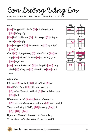 Hợp âm Con Đường Vắng Em (Phan Đinh Tùng) – bản nhạc PDF trang 1, tông Em