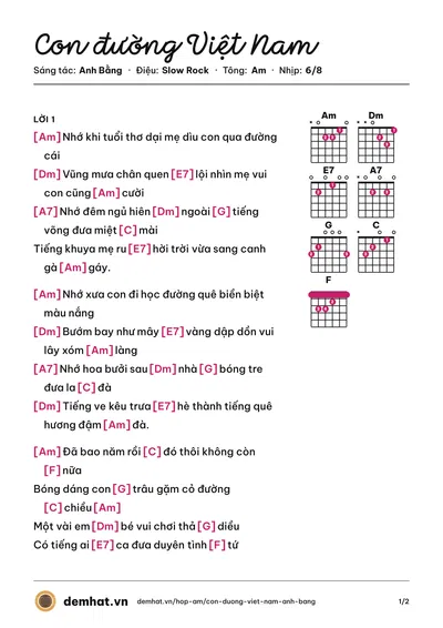Hợp âm Con đường Việt Nam (Y Phương) – bản nhạc PDF trang 1, tông Am