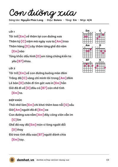 Hợp âm Con đường xưa (Mai Tuấn) – bản nhạc PDF trang 1, tông Em