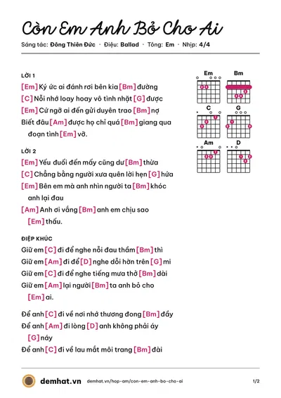 Hợp âm Còn Em Anh Bỏ Cho Ai (Nguyễn Kiều Oanh) – bản nhạc PDF trang 1, tông Em