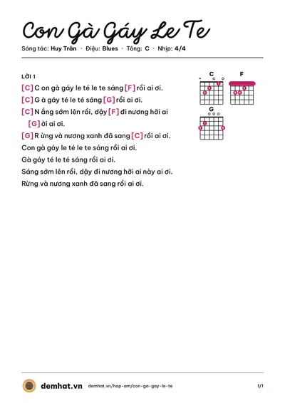 Hợp âm Con Gà Gáy Le Te (Xuân Mai) – bản nhạc PDF trang 1, tông C