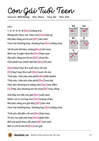 Hợp âm Con Gái Tuổi Teen (Mắt Ngọc) – bản nhạc PDF trang 1, tông Em
