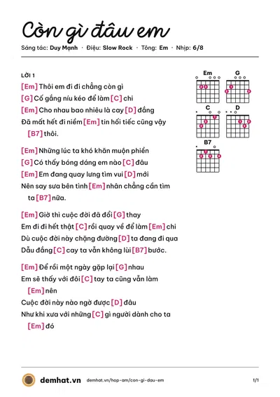 Hợp âm Còn gì đâu em (Trí Hải) – bản nhạc PDF trang 1, tông Em