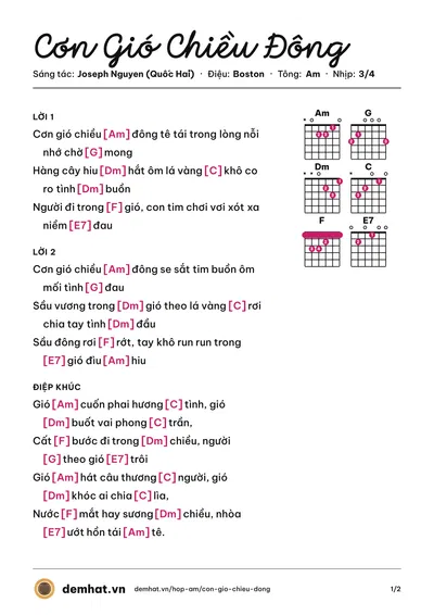 Hợp âm Cơn Gió Chiều Đông (Lê Minh Đức) – bản nhạc PDF trang 1, tông Am