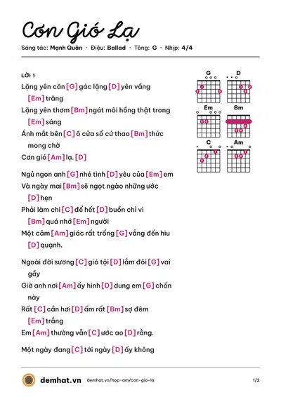 Hợp âm Cơn Gió Lạ (Phượng Linh) – bản nhạc PDF trang 1, tông G