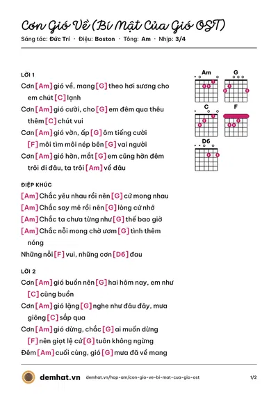Hợp âm Cơn Gió Về (Bí Mật Của Gió OST) (Juky San) – bản nhạc PDF trang 1, tông Am