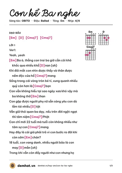 Hợp âm Con kể Ba nghe (OBITO) – bản nhạc PDF trang 1, tông Em