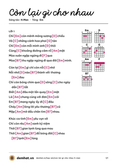 Hợp âm Còn lại gì cho nhau (H.Man) – bản nhạc PDF trang 1, tông Em