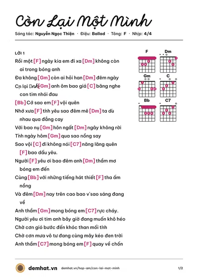 Hợp âm Còn Lại Một Mình (Đan Trường) – bản nhạc PDF trang 1, tông F