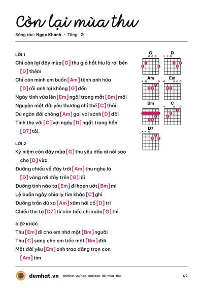 Hợp âm Còn lại mùa thu (Như Nguyệt) – bản nhạc PDF trang 1, tông G