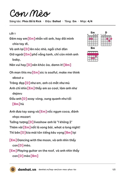 Hợp âm Con Mèo (Phúc Bồ) – bản nhạc PDF trang 1, tông Em