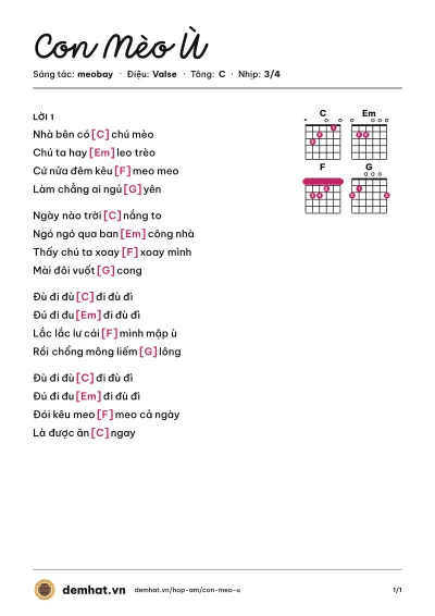 Hợp âm Con Mèo Ù (meobay) – bản nhạc PDF trang 1, tông C