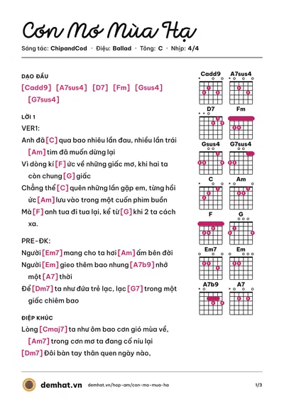 Hợp âm Cơn Mơ Mùa Hạ (ChipandCod) – bản nhạc PDF trang 1, tông C