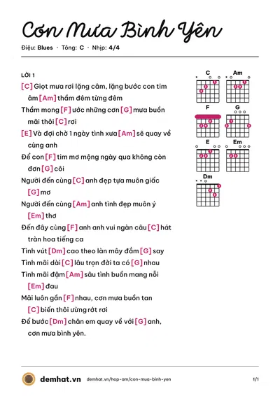 Hợp âm Cơn Mưa Bình Yên (Lưu Gia Bảo) – bản nhạc PDF trang 1, tông C
