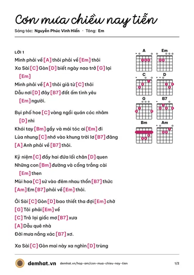 Hợp âm Cơn mưa chiều nay tiễn (Lệ Hồng) – bản nhạc PDF trang 1, tông Em