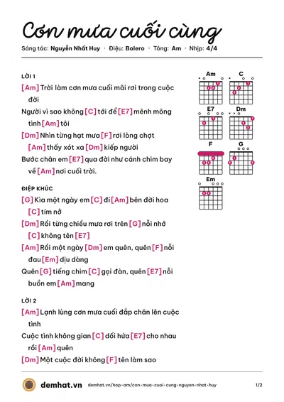 Hợp âm Cơn mưa cuối cùng (Nguyễn Nhất Huy) – bản nhạc PDF trang 1, tông Am