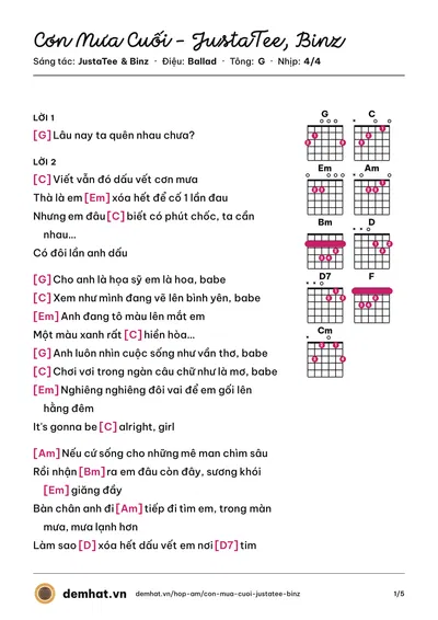 Hợp âm Cơn Mưa Cuối - JustaTee, Binz (JustaTee) – bản nhạc PDF trang 1, tông G