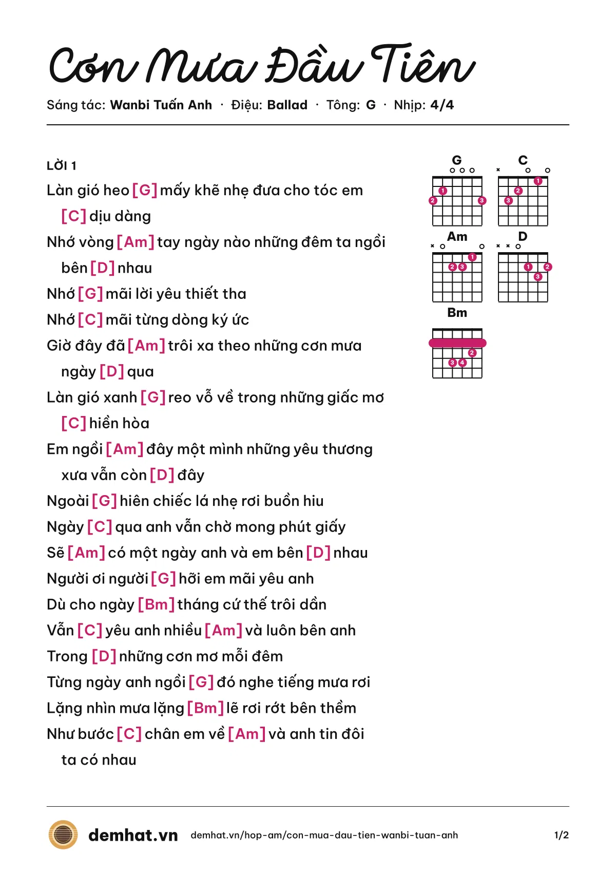 Hợp âm Cơn Mưa Đầu Tiên (Wanbi Tuấn Anh) – bản nhạc PDF trang 1, tông G