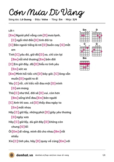 Hợp âm Cơn Mưa Dĩ Vãng (Mỹ Tâm) – bản nhạc PDF trang 1, tông Em