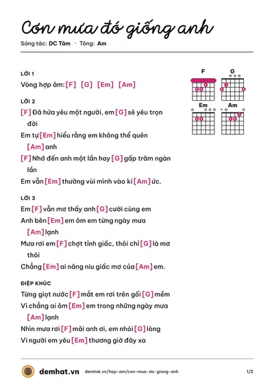 Hợp âm Cơn mưa đó giống anh (DC Tâm) – bản nhạc PDF trang 1, tông Am