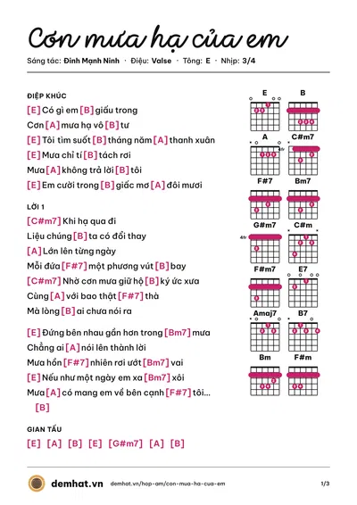 Hợp âm Cơn mưa hạ của em (Đinh Mạnh Ninh) – bản nhạc PDF trang 1, tông E
