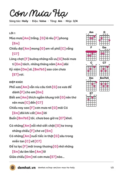 Hợp âm Cơn Mưa Hạ (Haily) – bản nhạc PDF trang 1, tông Am