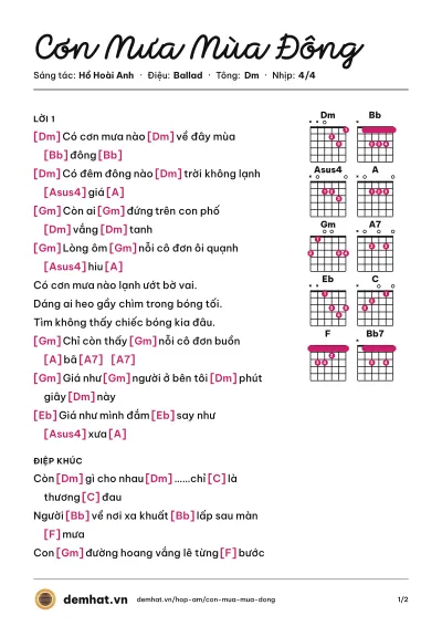 Hợp âm Cơn Mưa Mùa Đông (Lê Hiếu) – bản nhạc PDF trang 1, tông Dm