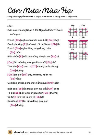 Hợp âm Cơn Mưa Mùa Hạ (Xuân Phú) – bản nhạc PDF trang 1, tông Gm
