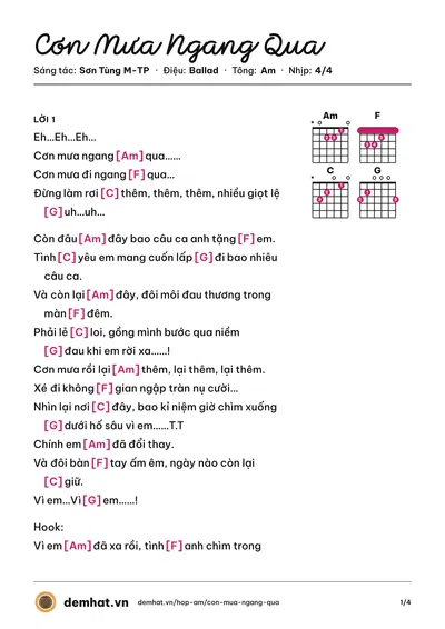 Hợp âm Cơn Mưa Ngang Qua (Sơn Tùng M-TP) – bản nhạc PDF trang 1, tông Am