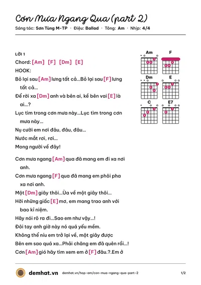 Hợp âm Cơn Mưa Ngang Qua (part 2) (Sơn Tùng M-TP) – bản nhạc PDF trang 1, tông Am