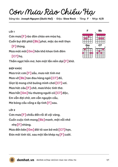 Hợp âm Cơn Mưa Rào Chiều Hạ (Diệu Hiền) – bản nhạc PDF trang 1, tông F