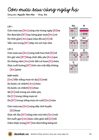 Hợp âm Cơn mưa sau cùng ngày hạ (Hồng Mơ) – bản nhạc PDF trang 1, tông Em
