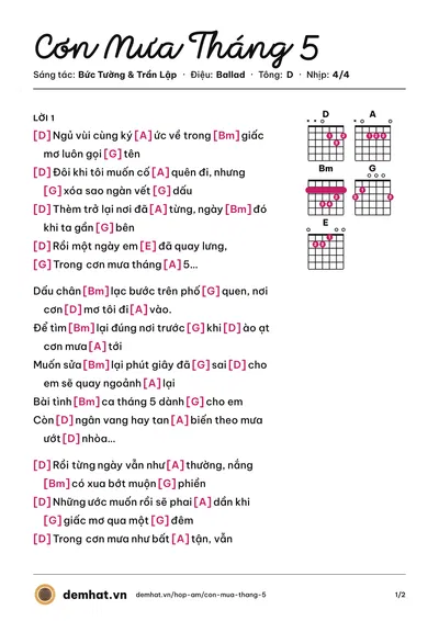 Hợp âm Cơn Mưa Tháng 5 (Trần Lập) – bản nhạc PDF trang 1, tông D