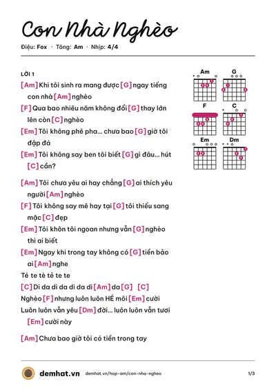 Hợp âm Con Nhà Nghèo (Quân Keyboard) – bản nhạc PDF trang 1, tông Am