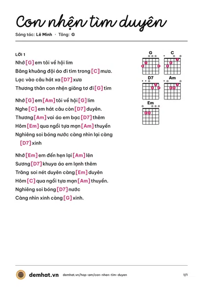 Hợp âm Con nhện tìm duyên (Lê Minh) – bản nhạc PDF trang 1, tông G