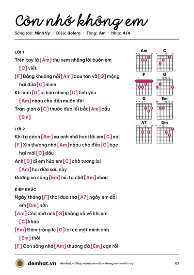 Hợp âm Còn nhớ không em (Huỳnh Nguyễn Công Bằng) – bản nhạc PDF trang 1, tông Am