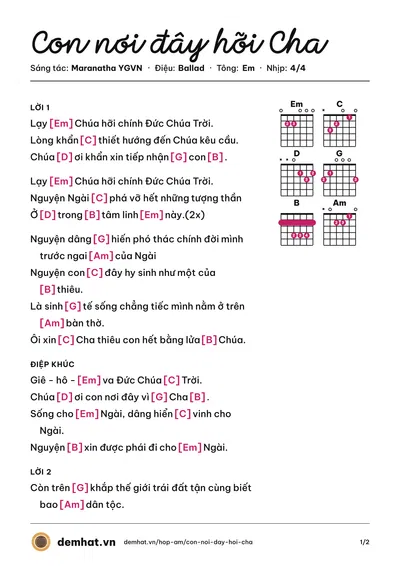 Hợp âm Con nơi đây hỡi Cha (Maranatha YGVN) – bản nhạc PDF trang 1, tông Em