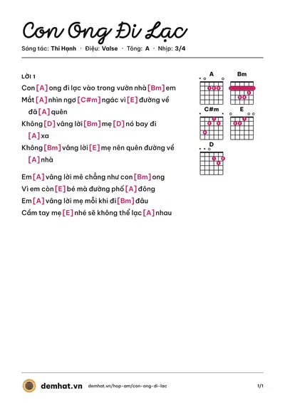 Hợp âm Con Ong Đi Lạc (Thi Hạnh) – bản nhạc PDF trang 1, tông A