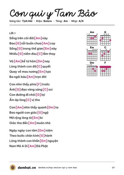 Hợp âm Con qui y Tam Bảo (Trung Hậu) – bản nhạc PDF trang 1, tông Am