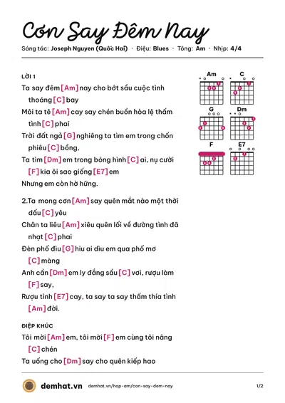 Hợp âm Cơn Say Đêm Nay (Bambyy) – bản nhạc PDF trang 1, tông Am