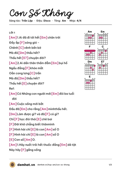 Hợp âm Con Số Không (Bức Tường) – bản nhạc PDF trang 1, tông Am