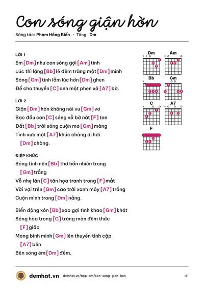Hợp âm Con sóng giận hờn (Minh Dũng) – bản nhạc PDF trang 1, tông Dm