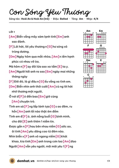 Hợp âm Con Sóng Yêu Thương (Đan Trường) – bản nhạc PDF trang 1, tông Am