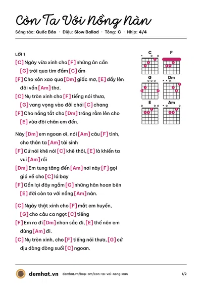 Hợp âm Còn Ta Với Nồng Nàn (Quang Dũng) – bản nhạc PDF trang 1, tông C